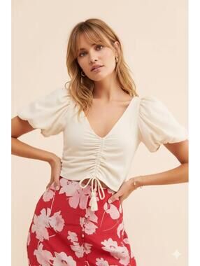 ESPECIA Anthropologie - Cream Ruched Puff Sleeve Tassel Crop Top - XS
